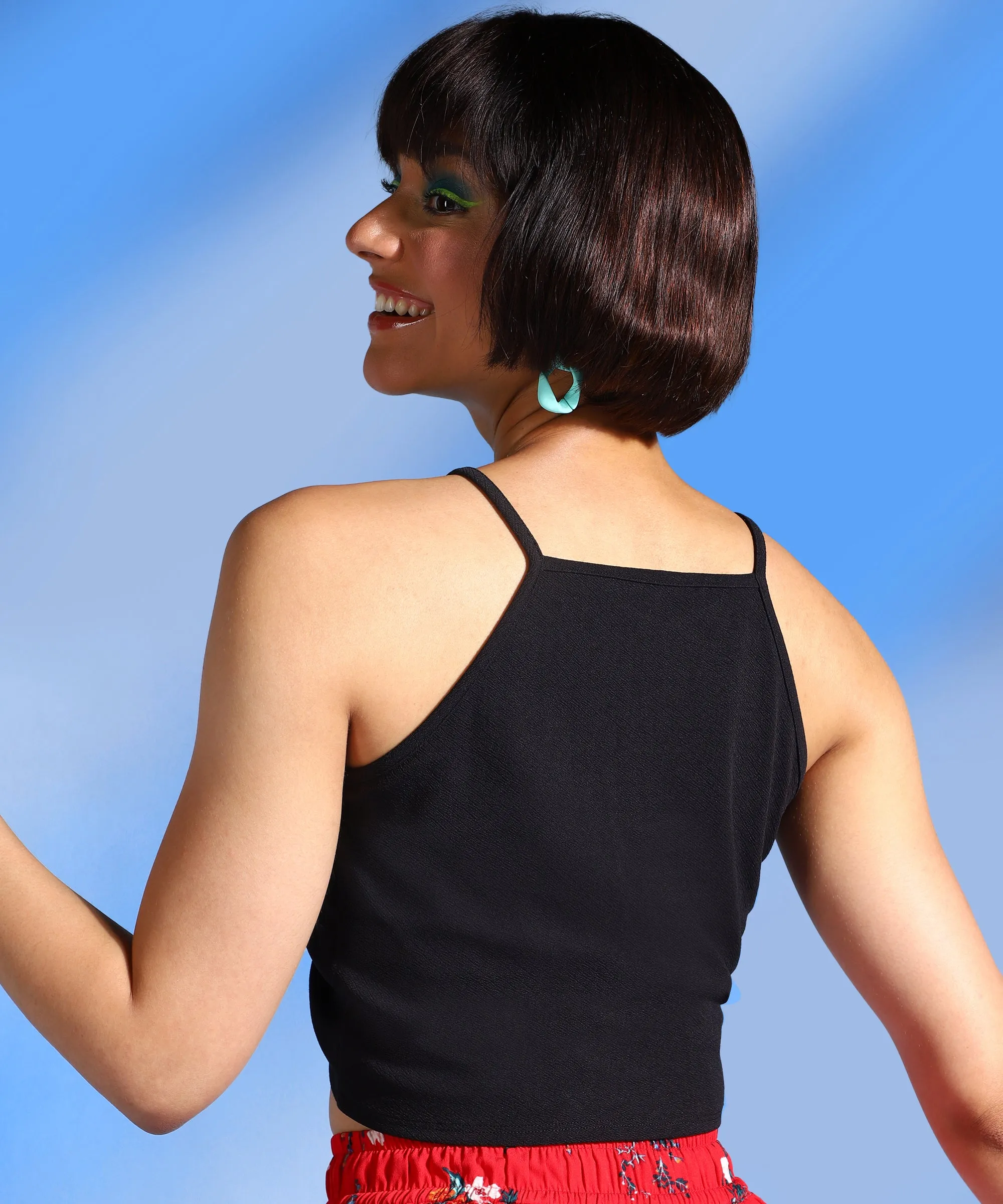Women Black Colour V-Neck Solid Fitted Top